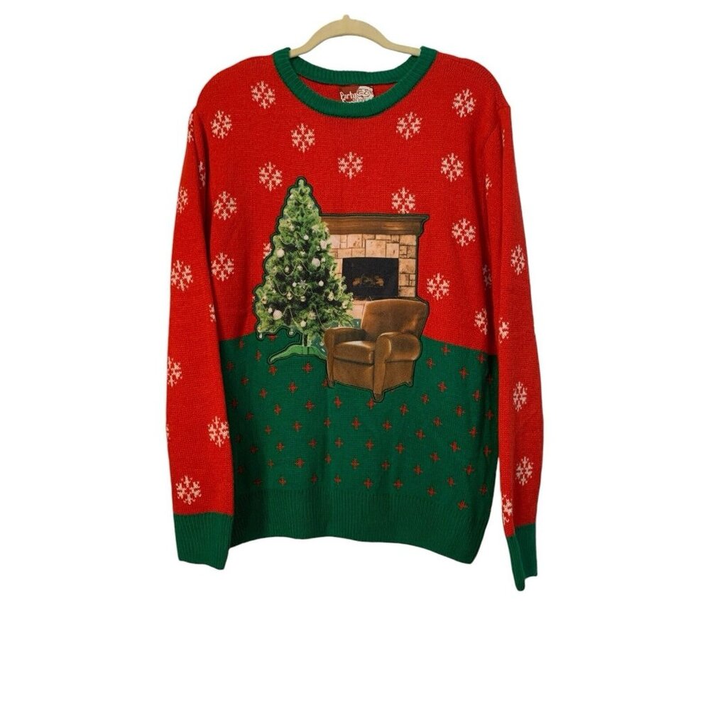 Party Sweater Dec 25th Christmas Fireplace Tree And Santa Chair Size Large READ
